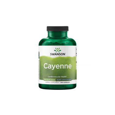 A green bottle of Swanson Cayenne 450 mg labeled for cardiovascular and digestive health, containing 300 capsules.
